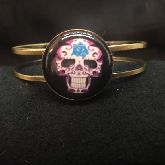 Sugar Skull Hinged Cuff/Bangle Bracelet - Picture 2 of 5